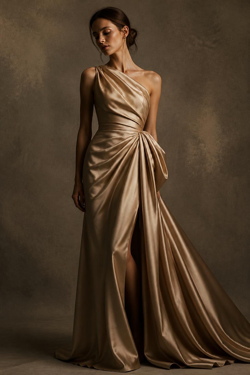 Vestido de festa em seda champagne com drapeado escultural